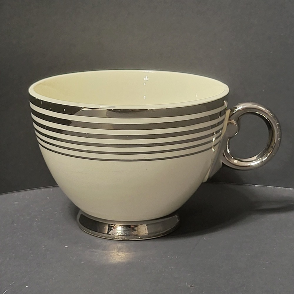 VTG Taylor Smith Taylor Cream Silver‎ Striped Ceramic Footed Teacup Coffee Cup